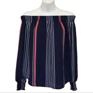 Express Off the Shoulder Ruched Navy Blue Striped Blouse Top Women’s Size XS